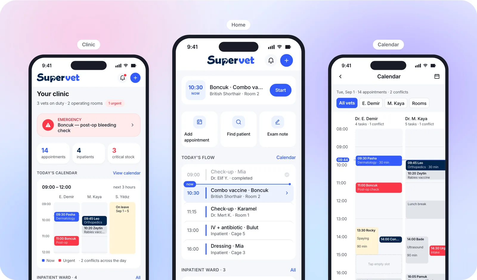 SuperVet mobile app: clinic overview, today's flow and calendar screens