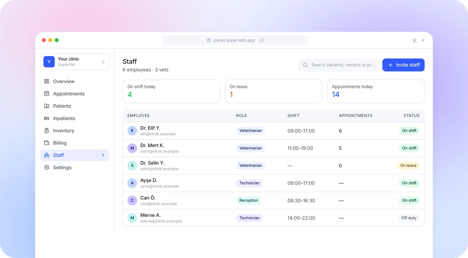 SuperVet web panel showing the clinic staff screen
